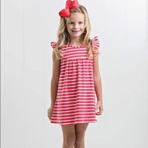 Ruffle Girl Coral/White Pencil Stripe Pearl Dress